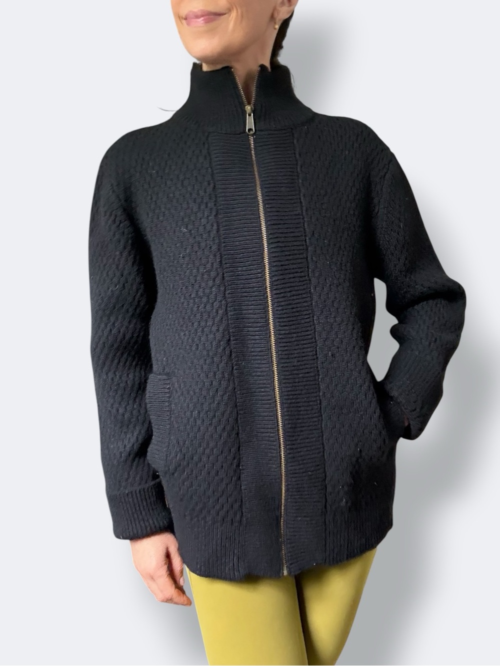 Built by Wendy Black Cable Knit Virgin Wool Zip Up Sweater Jacket - Picture 6 of 14